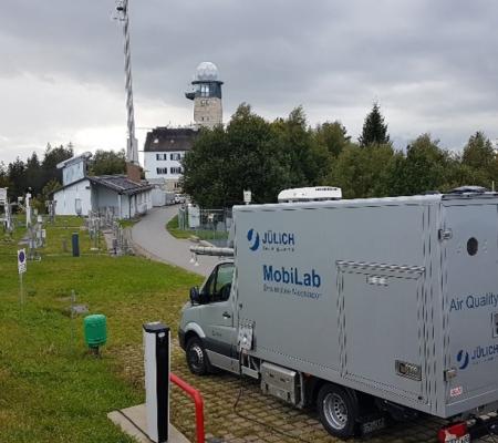 Mobile laboratory (MobiLab) with the Hohenpeissenberg observatory in the background.